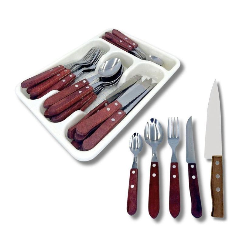Kit Jogo de Talheres com Porta Talher Facas Garfos Colheres Mesa Sobremesa Amadeirado