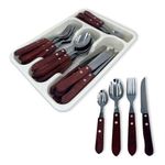 Kit Jogo de Talheres com Porta Talher Facas Garfos Colheres Mesa Sobremesa Amadeirado