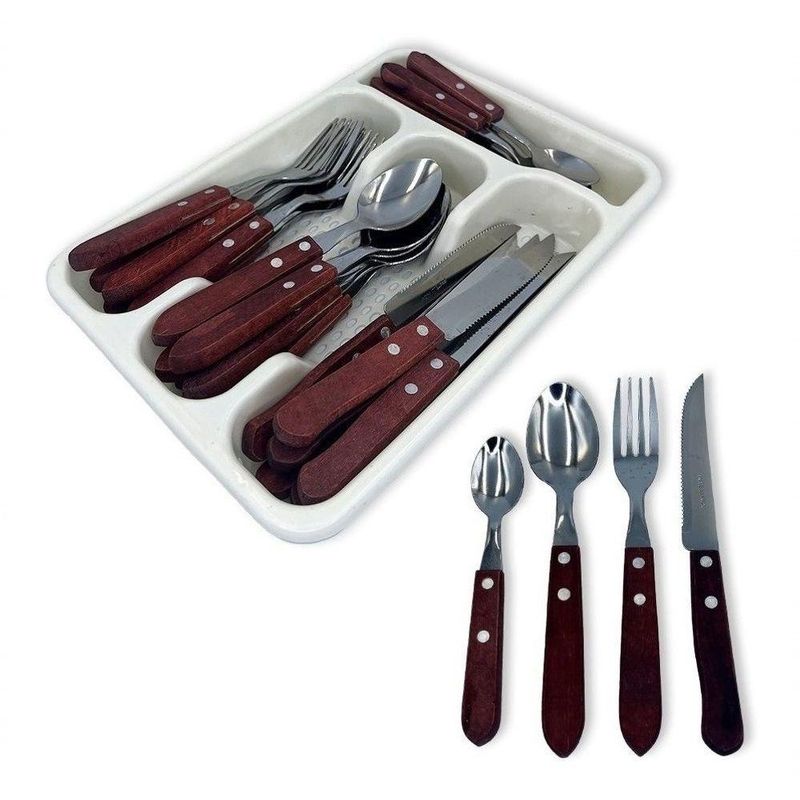 Kit Jogo de Talheres com Porta Talher Facas Garfos Colheres Mesa Sobremesa Amadeirado