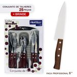 Kit Jogo de Talheres com Porta Talher Facas Garfos Colheres Mesa Sobremesa Amadeirado