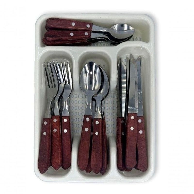 Kit Jogo de Talheres com Porta Talher Facas Garfos Colheres Mesa Sobremesa Amadeirado