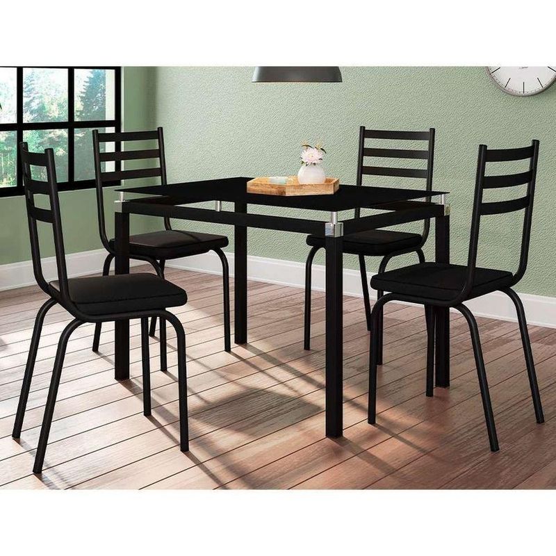 Kit Conjunto Mesa de Jantar Malva 4 Lugares Tampo de Vidro com 4 Cadeiras Preto