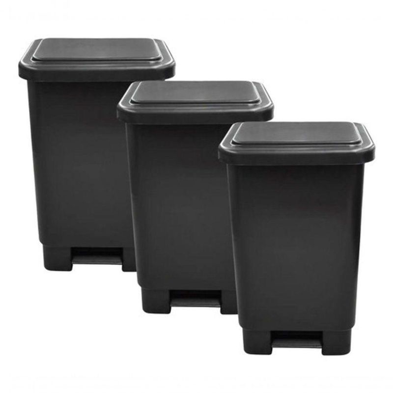 Kit 3 Lixeiras com Tampa Lixeira Retangular 50L Polipropileno Preto
