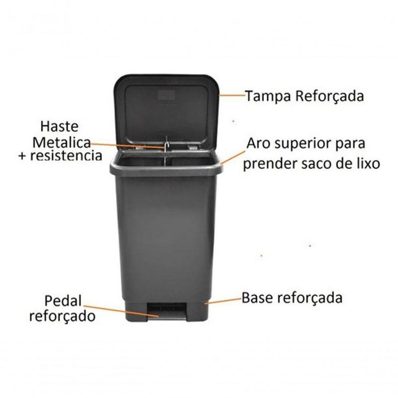 Kit 3 Lixeiras com Tampa Lixeira Retangular 50L Polipropileno Preto