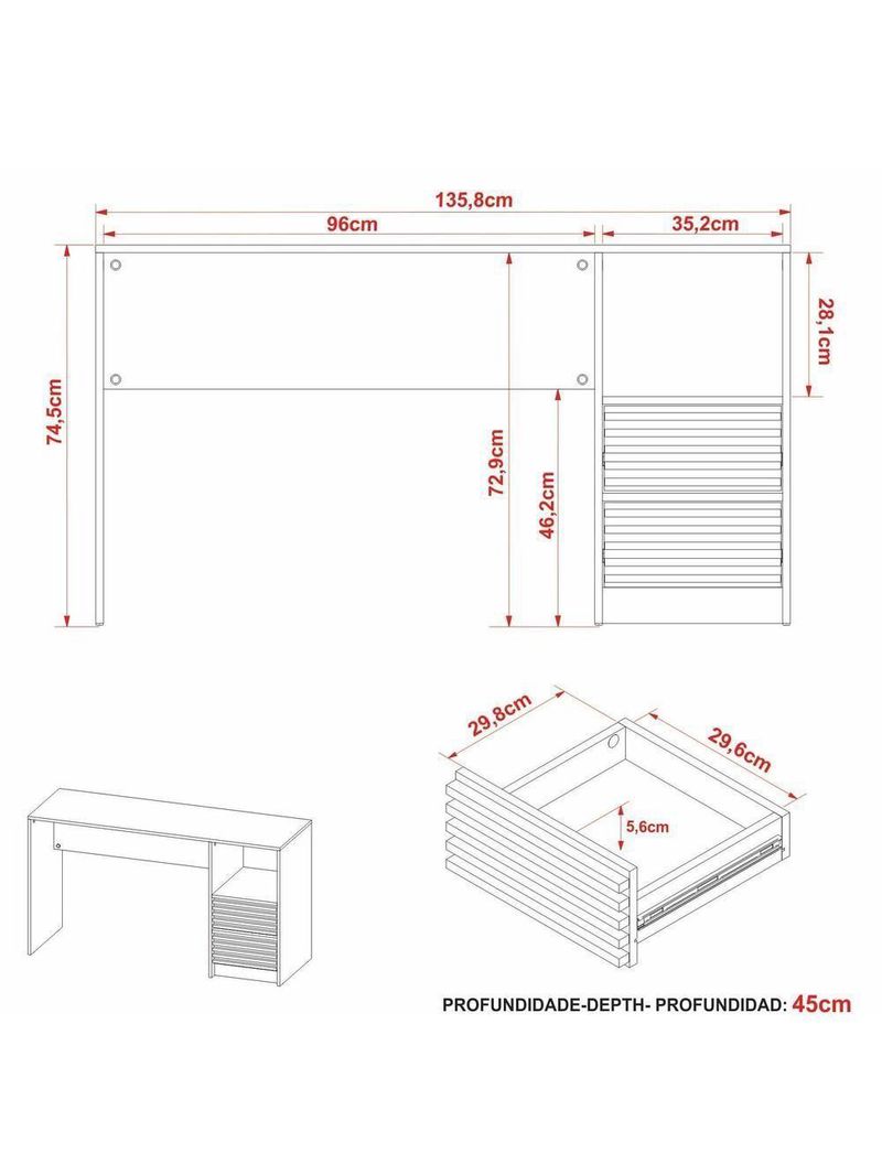 Escrivaninha-mesa Escritório 135,8cm 2 Gavetas Nicho Multimóveis Cr25262 Amêndoa