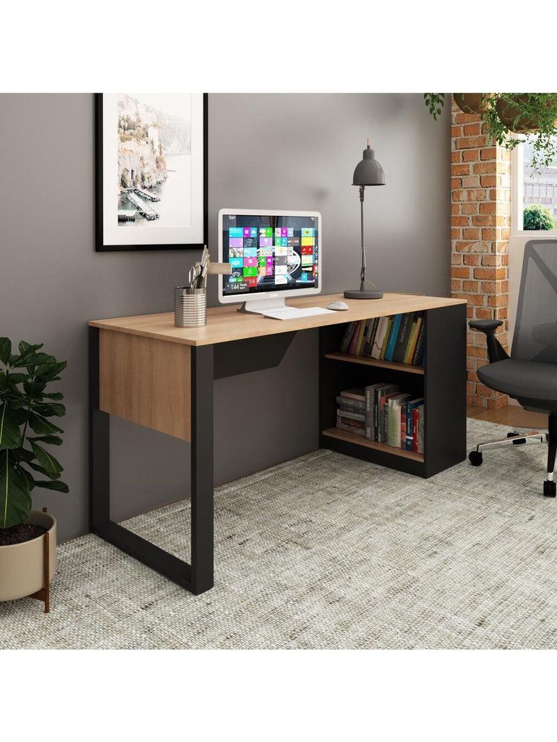 Mesa Para Escritório Com Armário 160cm Multimóveis Cr25264 Amêndoa-preto Amêndoa-preto