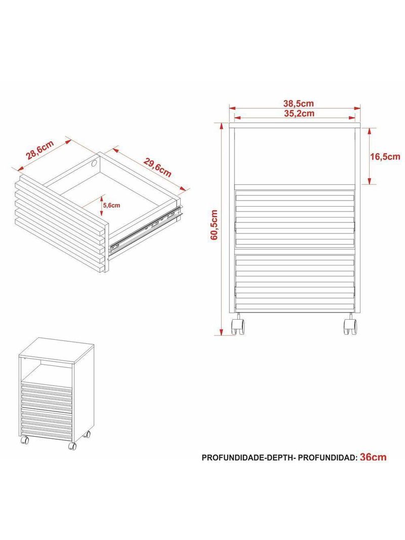 Gaveteiro Escritório Com 2 Gavetas 1 Nicho E Rodízios Multimóveis Cr25254 Branco Branco