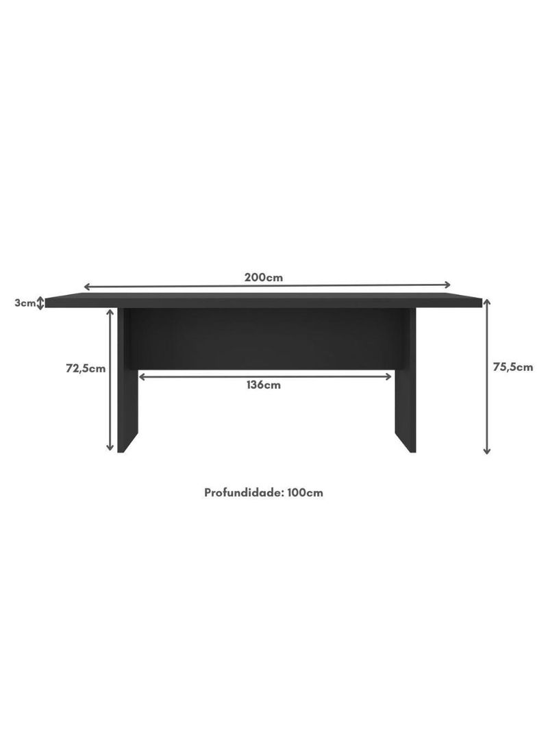 Mesa De Escritório 200cm Para Reunião Com Tampo 30mm Multimóveis CR25281 Preto