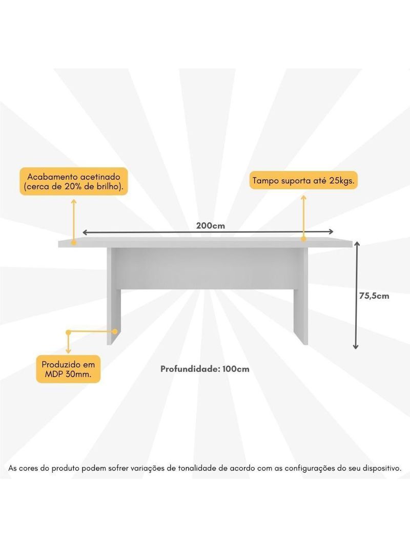 Mesa De Escritório 200cm Para Reunião Com Tampo 30mm Multimóveis CR25281 Branco