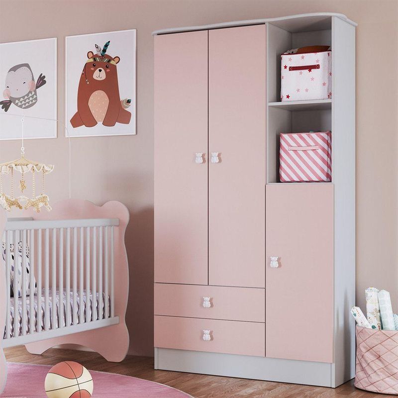 Roupeiro Infantil Em Mdp 15mm Com 3 Portas Percasa Rosa