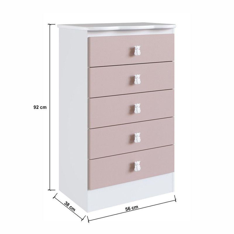 Cômoda Ursinho Infantil Com 5 Gavetas Mdp 15mm Percasa Rosa