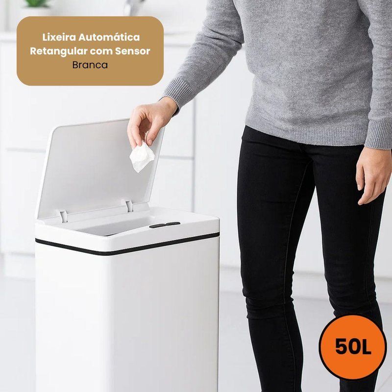 Lixeira Automática Retangular 50 Litros Com Sensor Branca