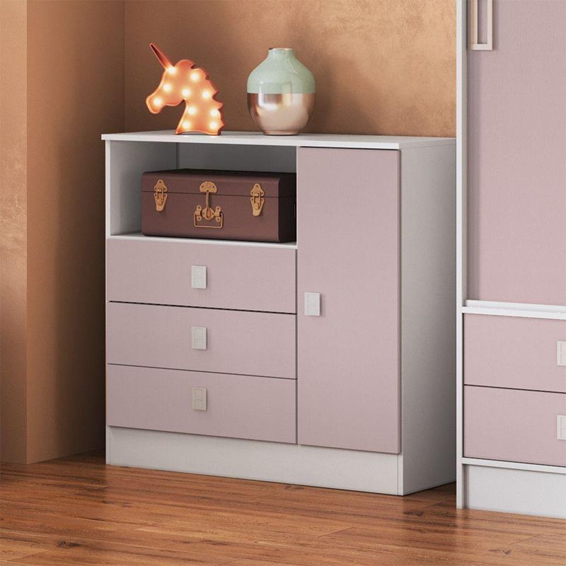 Cômoda Infantil 3 Gavetas 1 Porta Mdp 15mm Percasa Rosa
