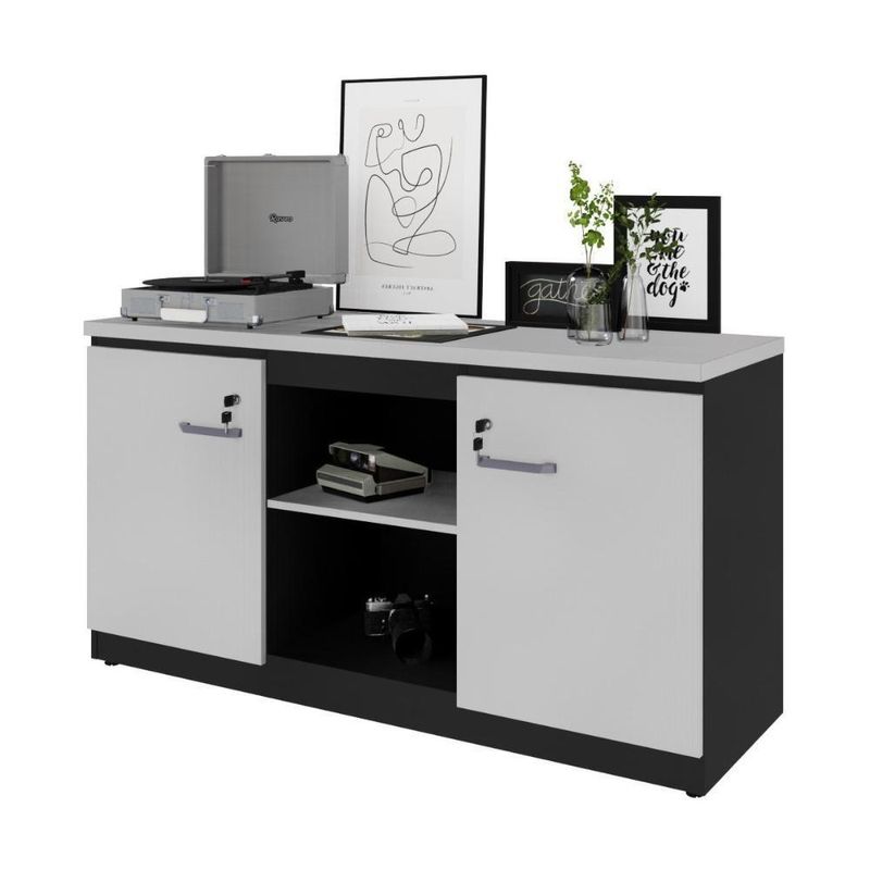 Balcão De Escritório 135cm 2 Portas Com Chave Multimóveis Cr25297 Cinza/preto Cinza/preto