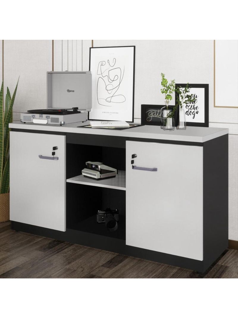 Balcão De Escritório 135cm 2 Portas Com Chave Multimóveis Cr25297 Cinza/preto Cinza/preto
