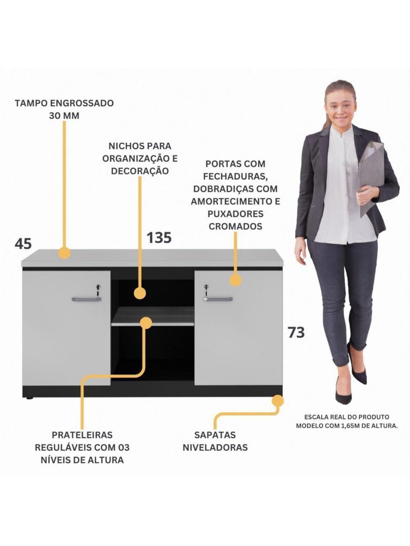 Balcão De Escritório 135cm 2 Portas Com Chave Multimóveis Cr25297 Cinza/preto Cinza/preto