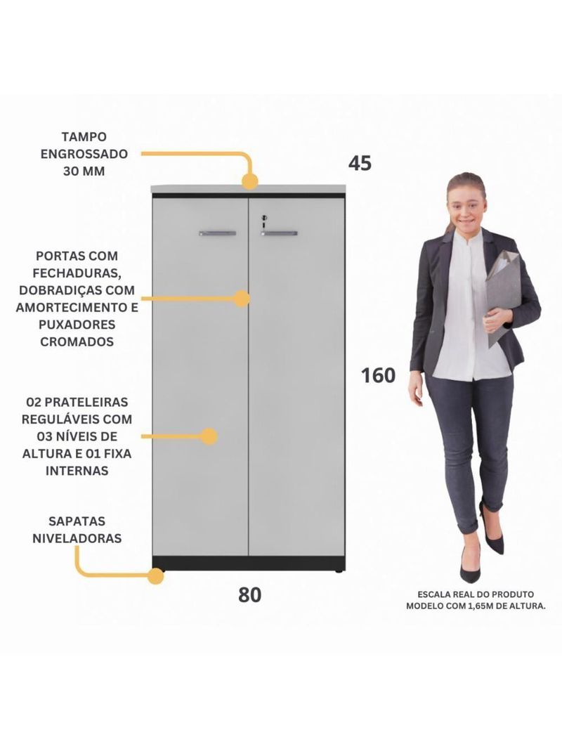 Armário De Escritório 80cm 2 Portas Com Chave Multimóveis Cr25294 Cinza/preto