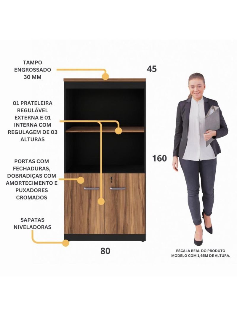 Armário De Escritório 80cm 2 Portas Com Chave Multimóveis Cr25298 Sevilha Preto