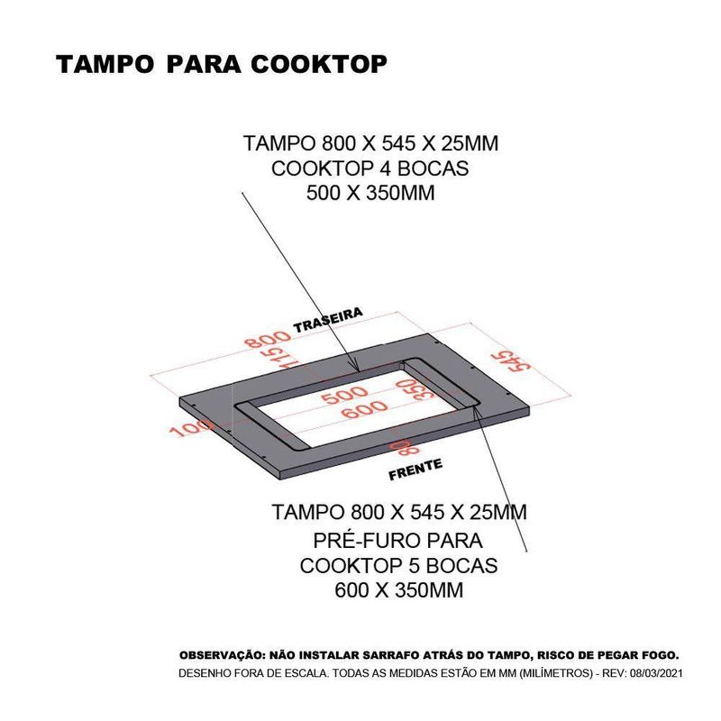 Tampo 80Cm C/ Furo Para Cooktop 4 Bocas 50Cm X 35Cm E Pré Fu