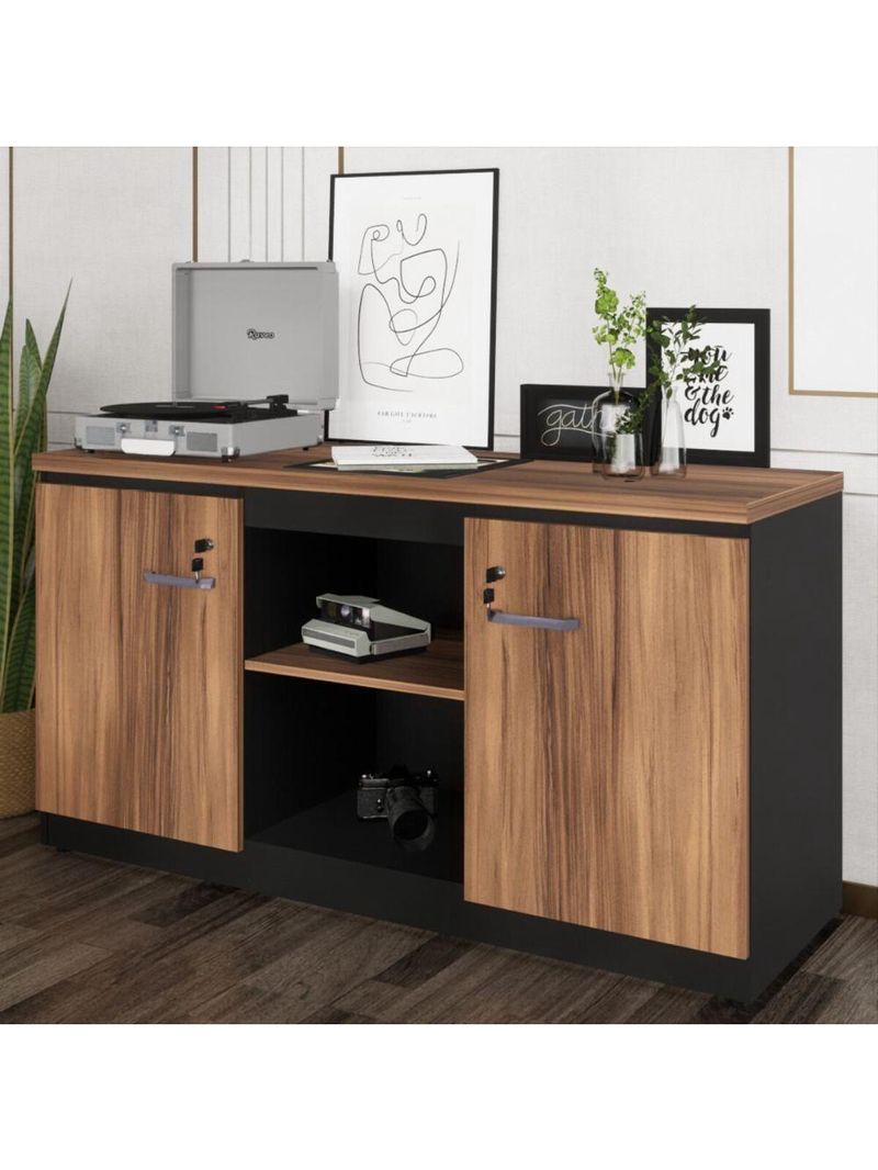 Balcão De Escritório 135cm 2 Portas Com Chave Multimóveis Cr25297 Sevilha Preto