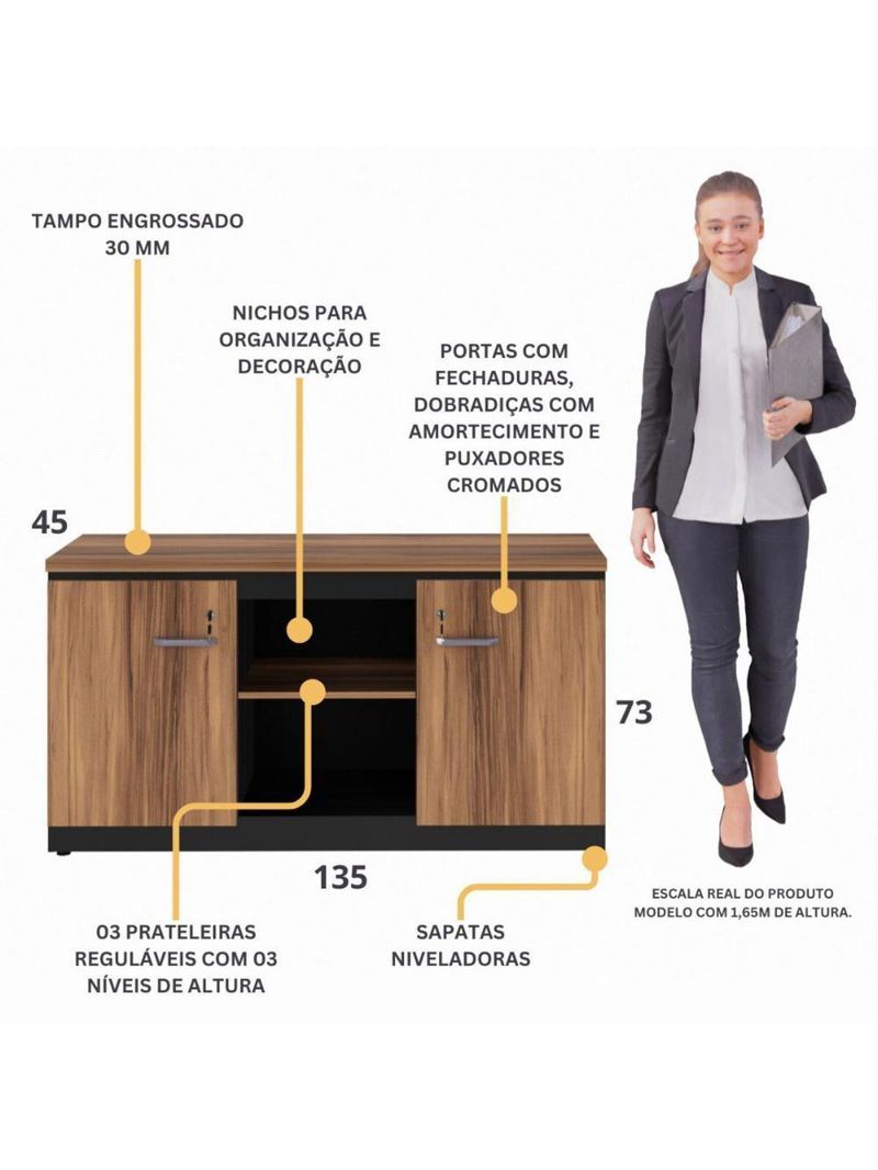 Balcão De Escritório 135cm 2 Portas Com Chave Multimóveis Cr25297 Sevilha Preto