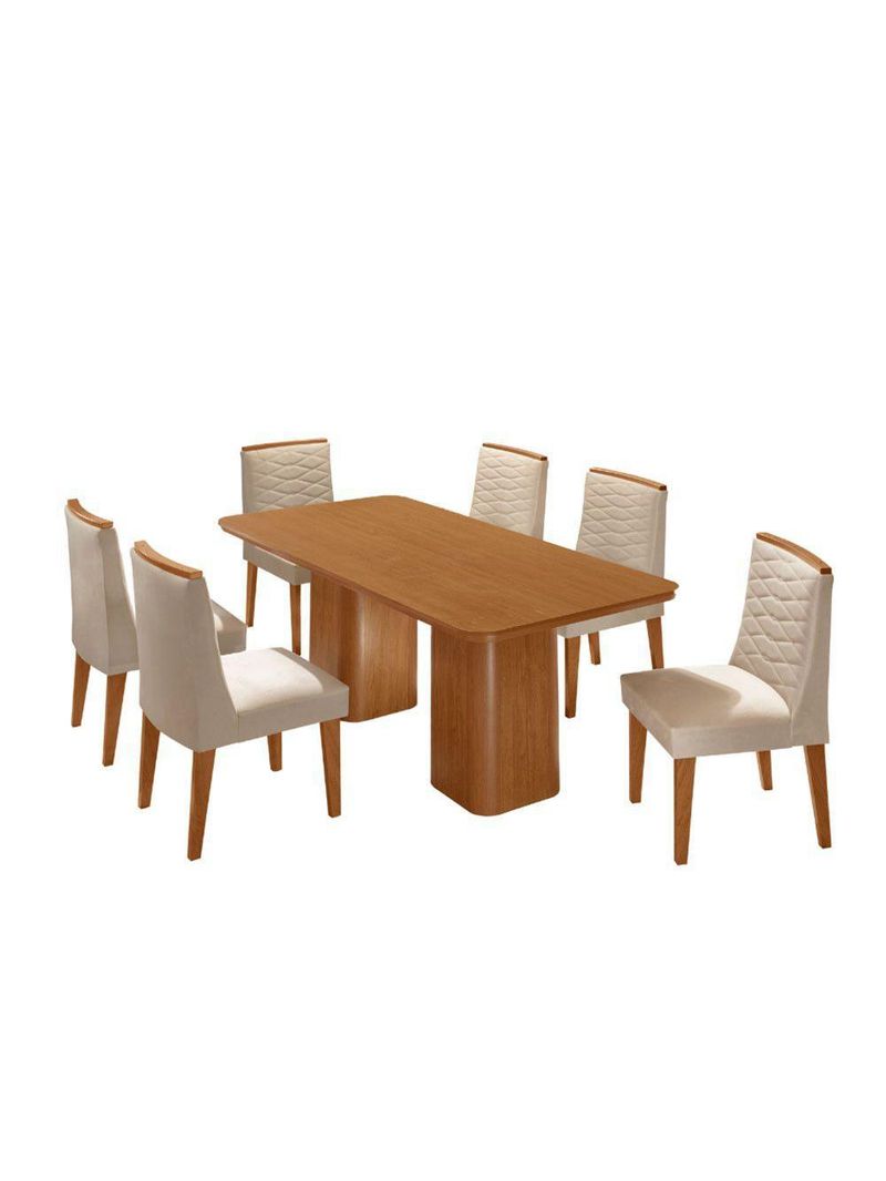 Mesa De Jantar Eloise 180cm Tampo MDF Com 6 Cadeira Moderna Veludo Creme Naturale