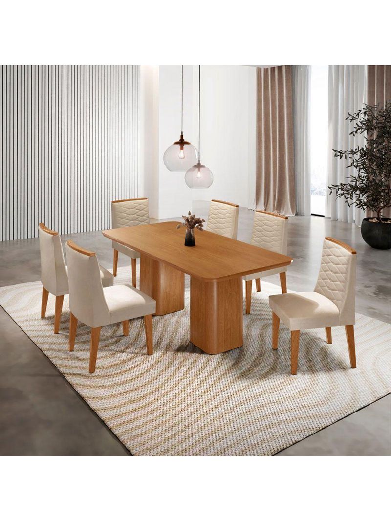 Mesa De Jantar Eloise 180cm Tampo MDF Com 6 Cadeira Moderna Veludo Creme Naturale