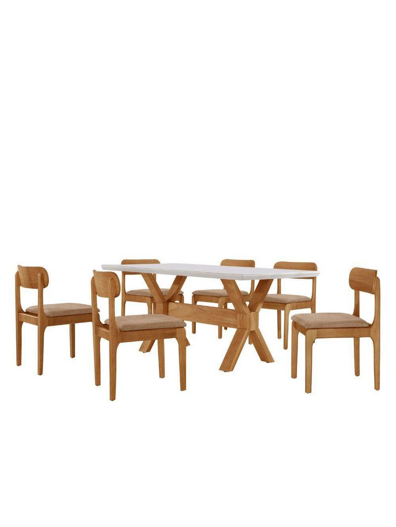 Sala De Jantar Mesa Star Tampo Laqueado E 6 Cadeiras Linho Palha/laq Off/cinam Imbuia