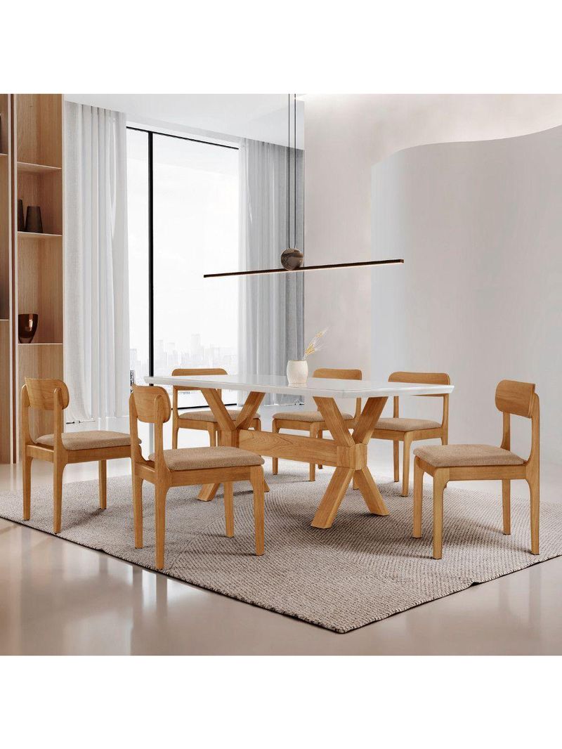 Sala De Jantar Mesa Star Tampo Laqueado E 6 Cadeiras Linho Palha/laq Off/cinam Imbuia