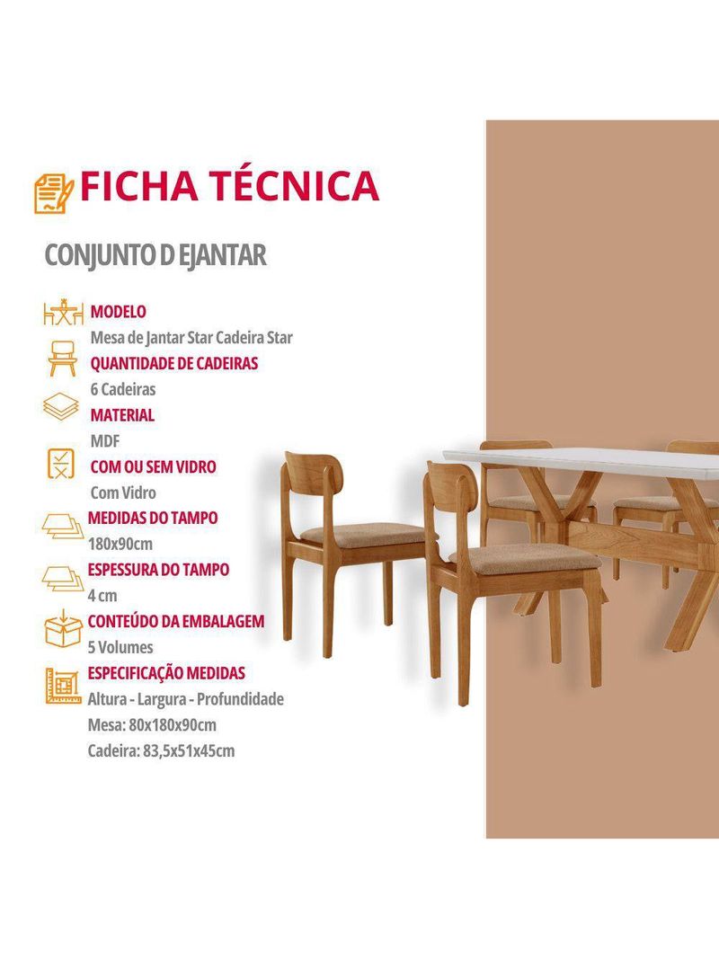 Sala De Jantar Mesa Star Tampo Laqueado E 6 Cadeiras Linho Palha/laq Off/cinam Imbuia