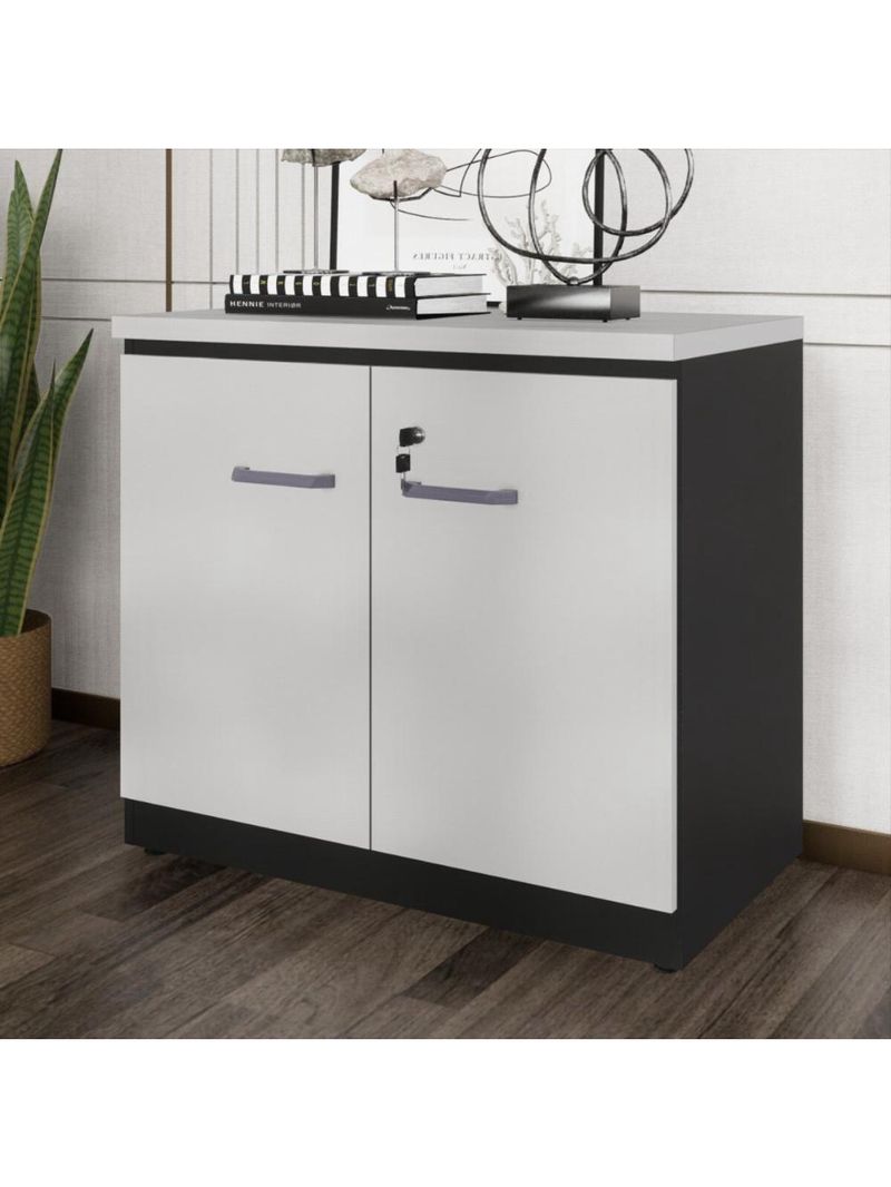 Balcão De Escritório 80cm 2 Portas Com Chave Multimóveis Cr25296 Cinza Preto