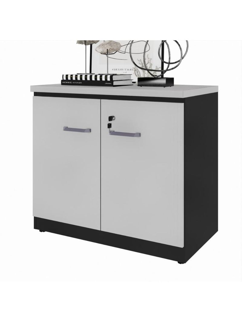 Balcão De Escritório 80cm 2 Portas Com Chave Multimóveis Cr25296 Cinza Preto