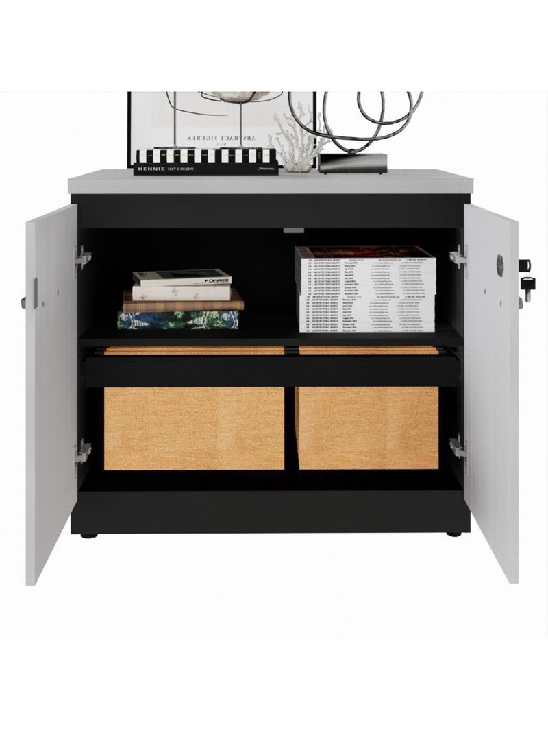 Balcão De Escritório 80cm 2 Portas Com Chave Multimóveis Cr25296 Cinza Preto