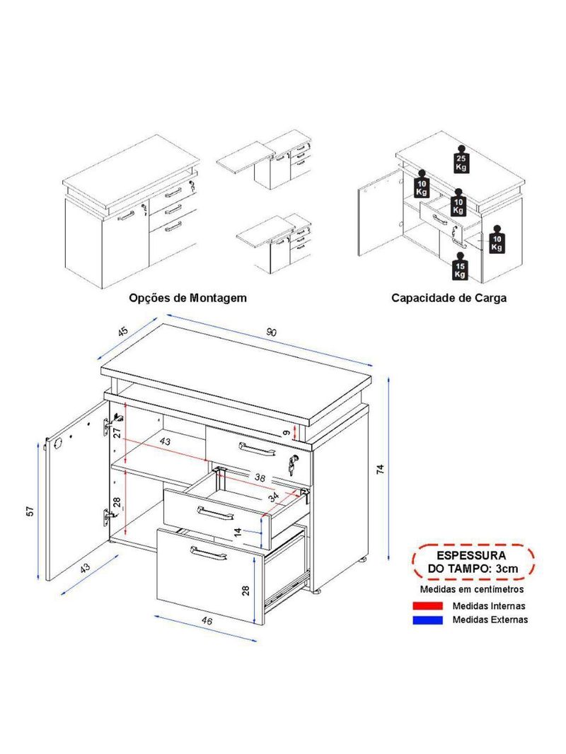 Balcão De Escritório Extensível 90cm 1 Porta Com Chave 3 Gavetas Multimóveis Cr25299 Sevilha Preto