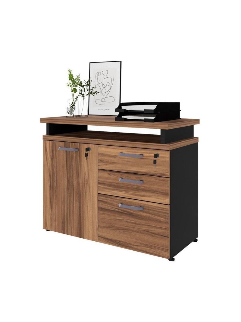 Balcão De Escritório Extensível 90cm 1 Porta Com Chave 3 Gavetas Multimóveis Cr25299 Sevilha Preto