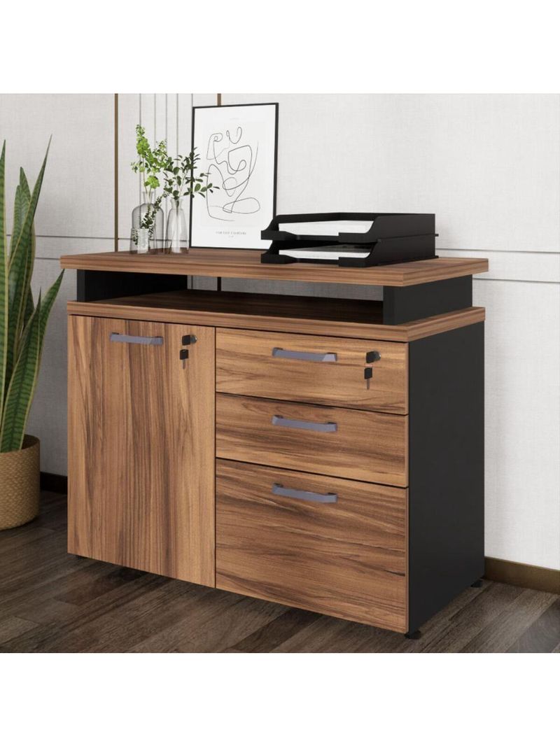 Balcão De Escritório Extensível 90cm 1 Porta Com Chave 3 Gavetas Multimóveis Cr25299 Sevilha Preto