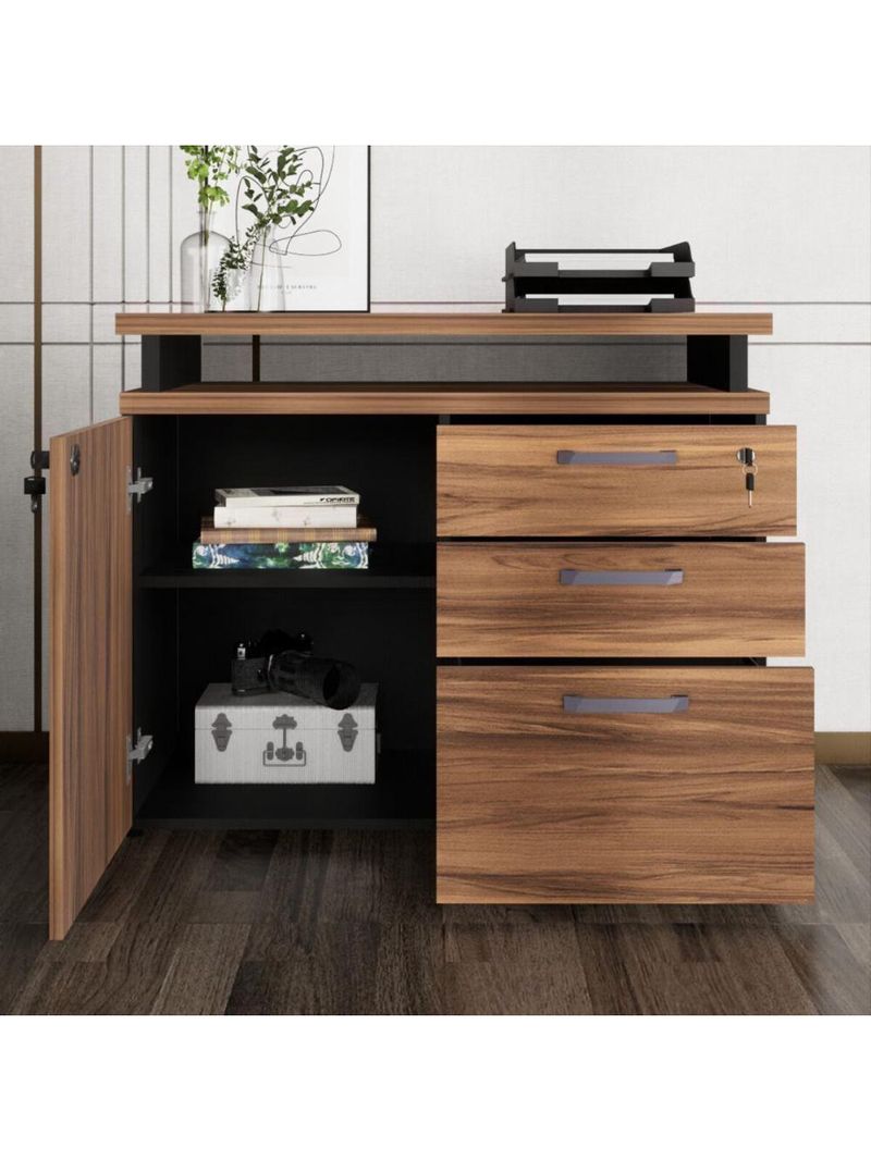 Balcão De Escritório Extensível 90cm 1 Porta Com Chave 3 Gavetas Multimóveis Cr25299 Sevilha Preto