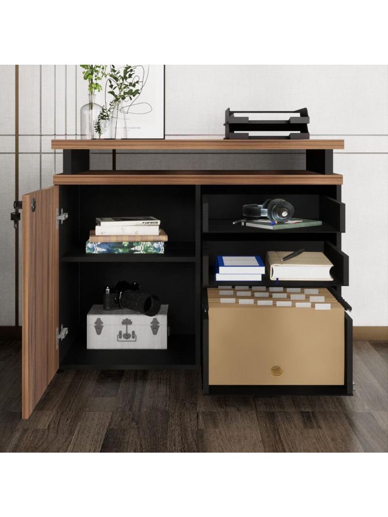 Balcão De Escritório Extensível 90cm 1 Porta Com Chave 3 Gavetas Multimóveis Cr25299 Sevilha Preto
