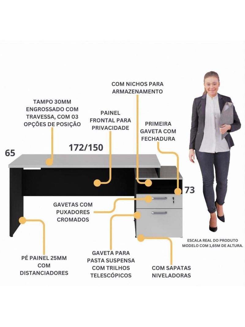 Escrivaninha Mesa De Escritório 172cm 2 Gavetas Multimóveis Cr25309 Cinza Preto