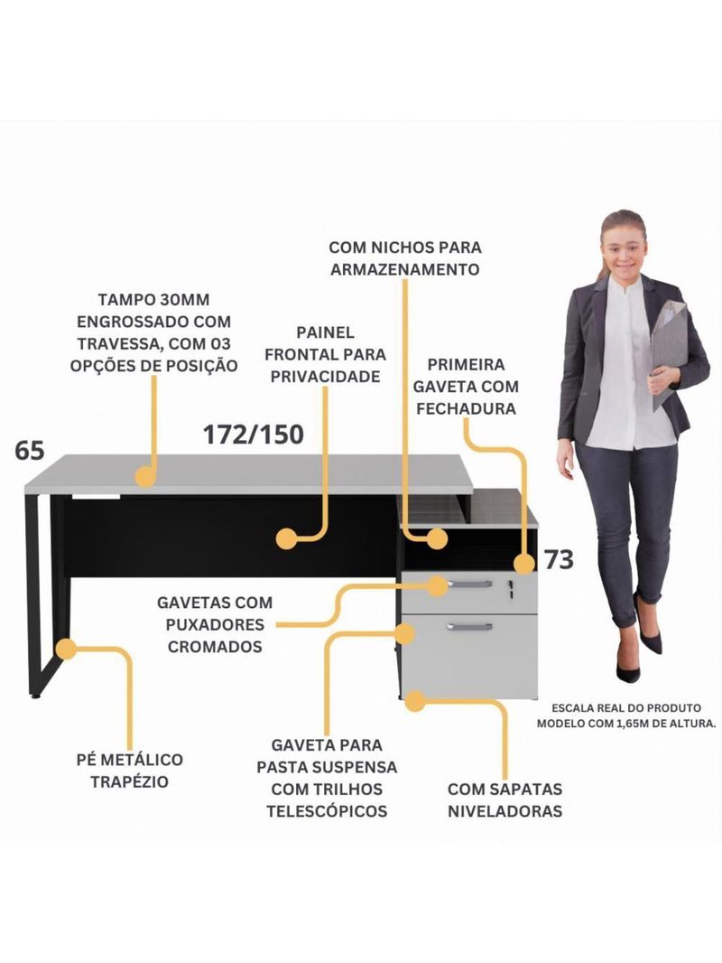 Escrivaninha Mesa De Escritório 172cm 2 Gavetas Multimóveis Cr25310 Cinza Preto