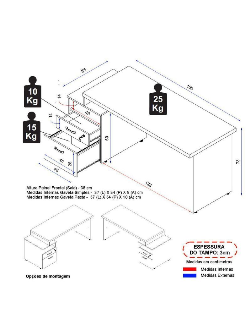 Escrivaninha Mesa De Escritório 172cm 2 Gavetas Multimóveis Cr25310 Cinza Preto