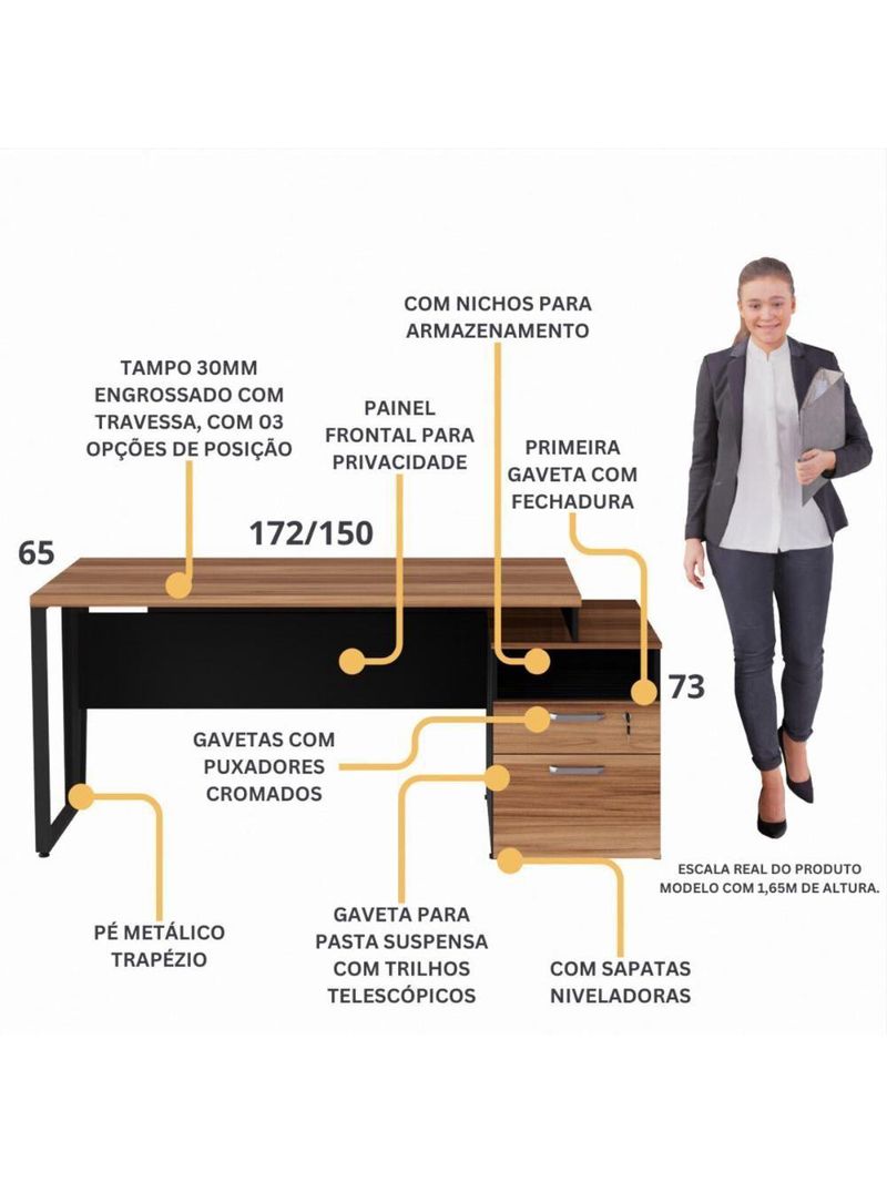 Escrivaninha Mesa De Escritório 172cm 2 Gavetas Multimóveis Cr25310 Sevilha Preto