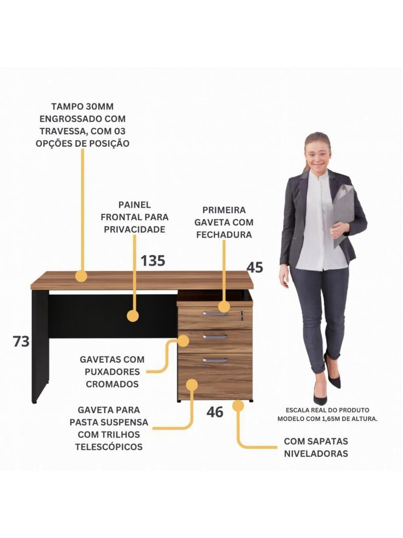 Escrivaninha Mesa Escritório 135cm 3 Gavetas Multimóveis Cr25313 Sevilha Preto