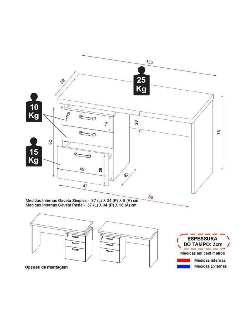 Escrivaninha Mesa Escritório 135cm 3 Gavetas Multimóveis Cr25313 Sevilha Preto