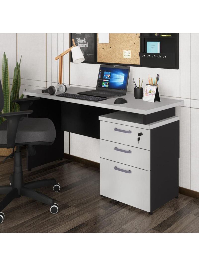 Escrivaninha Mesa Escritório 135cm 3 Gavetas Multimóveis Cr25313 Cinza Preto