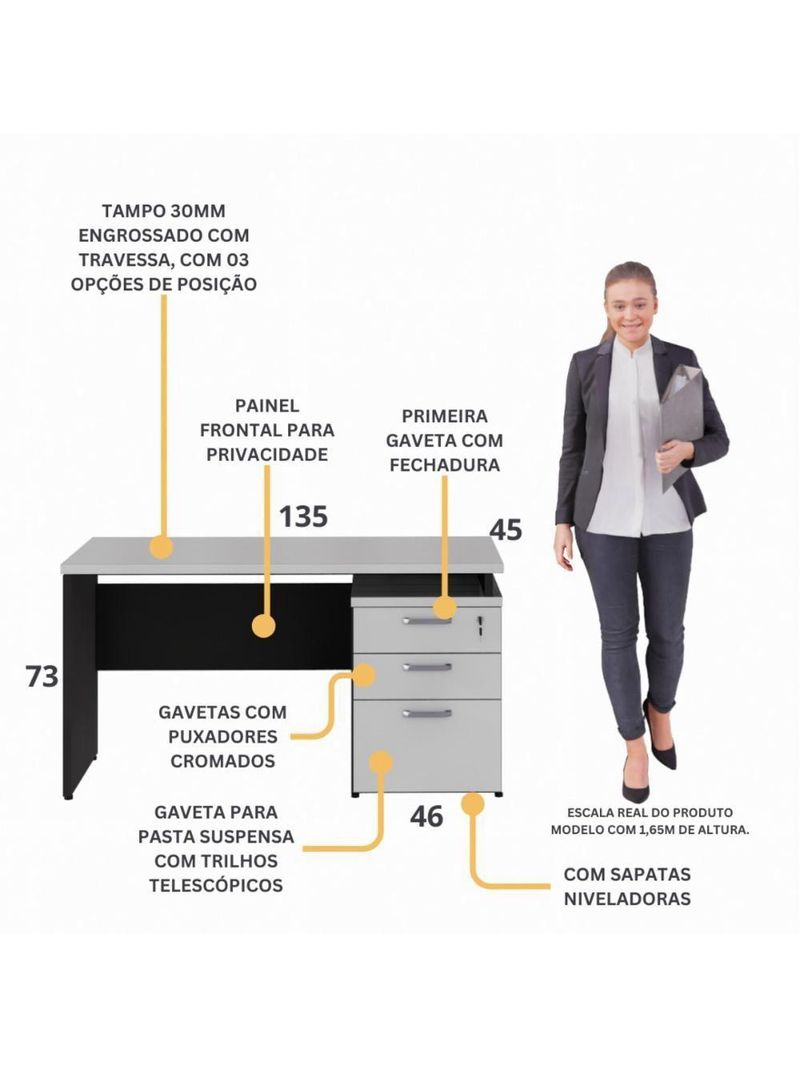 Escrivaninha Mesa Escritório 135cm 3 Gavetas Multimóveis Cr25313 Cinza Preto