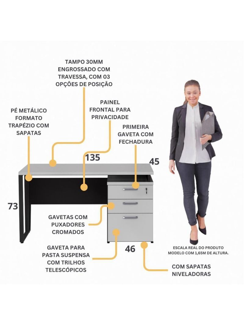 Escrivaninha Mesa Escritório 135cm 3 Gavetas Multimóveis Cr25321 Cinza Preto
