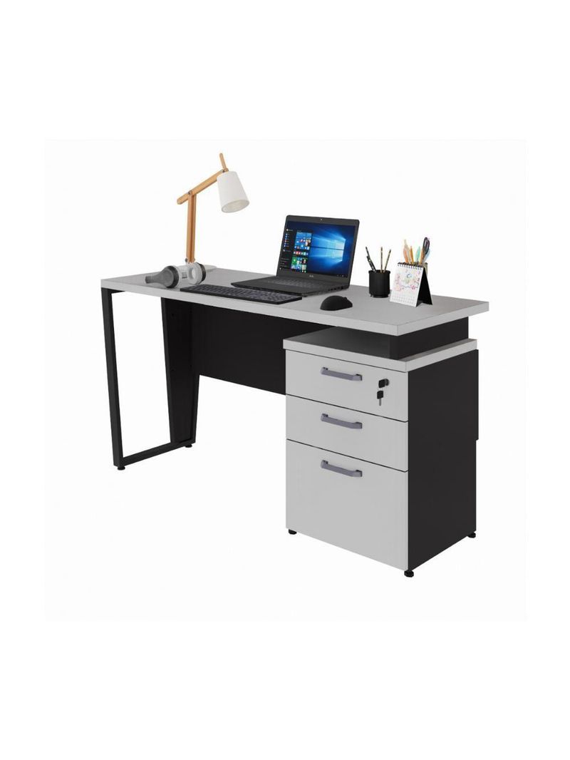 Escrivaninha Mesa Escritório 135cm 3 Gavetas Multimóveis Cr25321 Cinza Preto