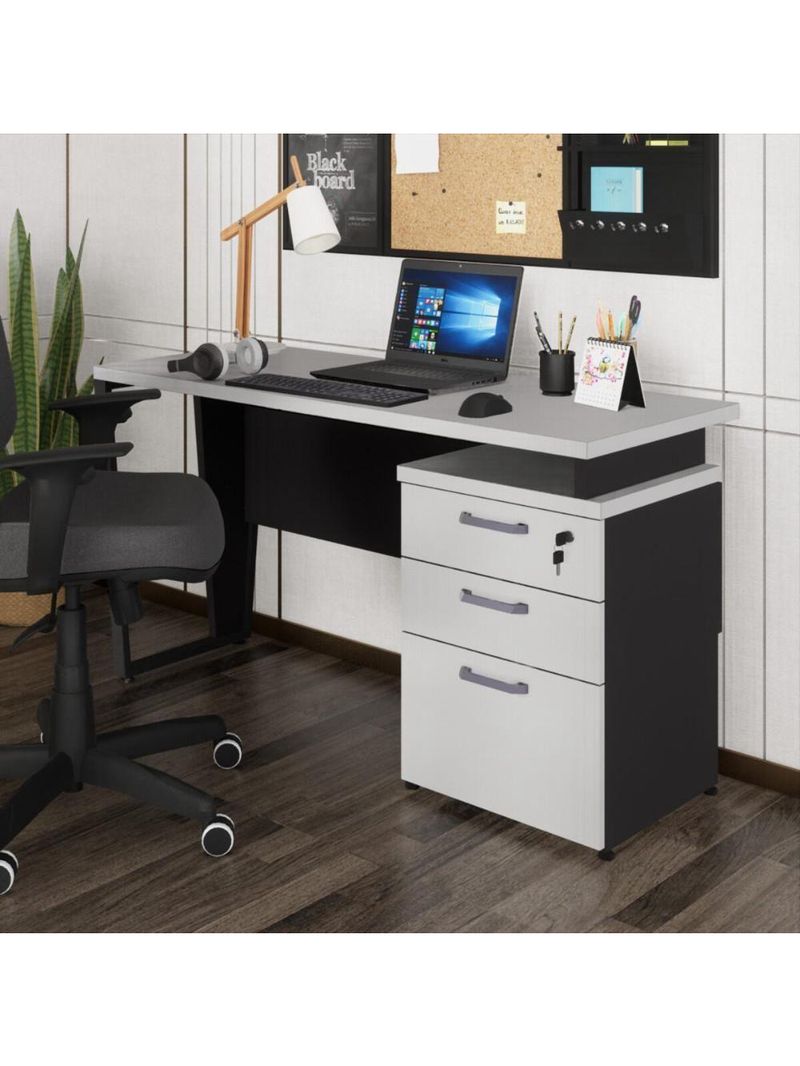 Escrivaninha Mesa Escritório 135cm 3 Gavetas Multimóveis Cr25321 Cinza Preto