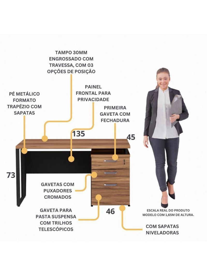 Escrivaninha Mesa Escritório 135cm 3 Gavetas Multimóveis Cr25321 Sevilha Preto